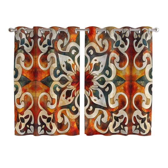 Burnt Orange Green Kitchen Curtains 72 Inch Length, Vintage Abstract Flowers Grommet Top Bedroom Living Room Curtains, Light Filtering Cafe Curtain Drapes 2 Panels Set 104''x72''