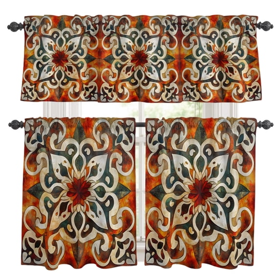 Burnt Orange Green Kitchen Curtains, Kitchen Curtains and Valances Set of 3, Vintage Abstract Flowers Light Filtering Tailored Tier Curtain 36 Inch Length Drapes for RV Cafe Bathroom Bedroom
