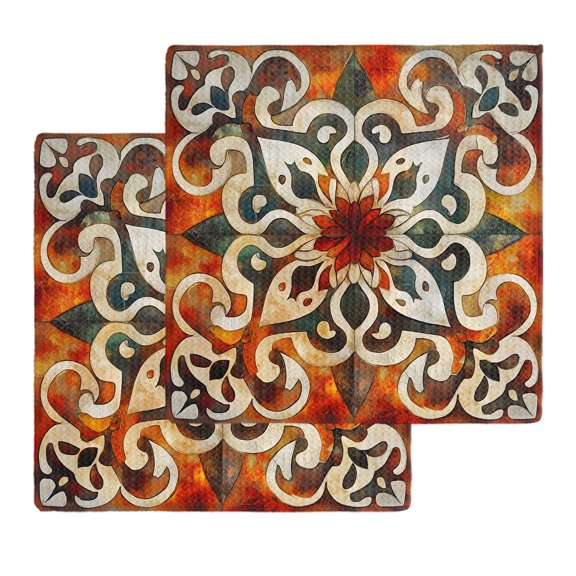 Burnt Orange Green Kitchen Dish Towels for Drying Dishes Set of 2, Vintage Abstract Flowers Waffle Weave Microfiber Hand Tea Bathroom Towels Quick Dry & Absorbent Towel 12x12