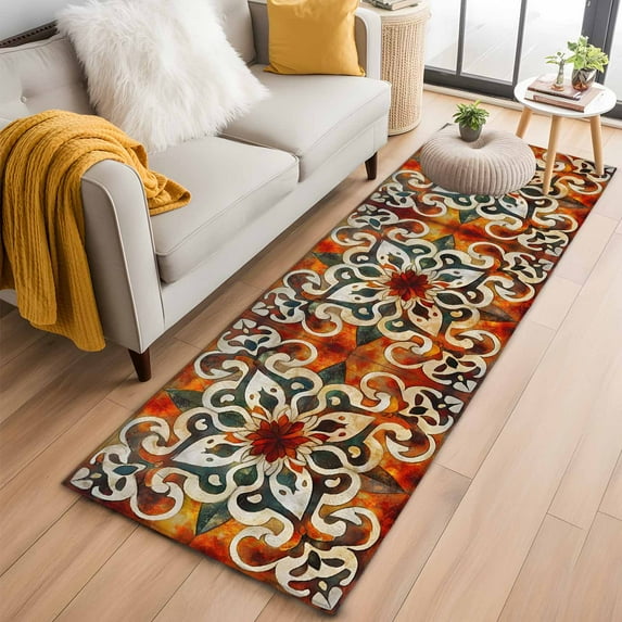 Burnt Orange Green Kitchen Runner Rug 2x6 Washable Runners for Hallway Non Slip Vintage Abstract Flowers Large Area Rug Indoor Floor Carpet for Bathroom Laundry Entryway Bedroom Living Room
