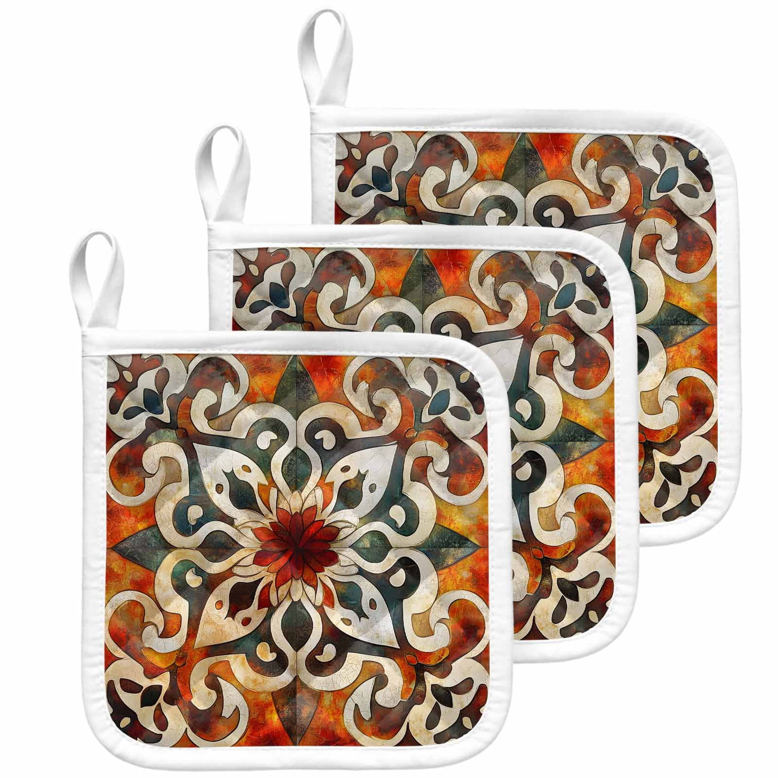 Burnt Orange Green Pot Holders for Kitchen Heatproof Potholder, 3 Pack Vintage Abstract Flowers Hot Pads Multipurpose Oven Pads Cloth Potholders Trivet for Cooking Baking