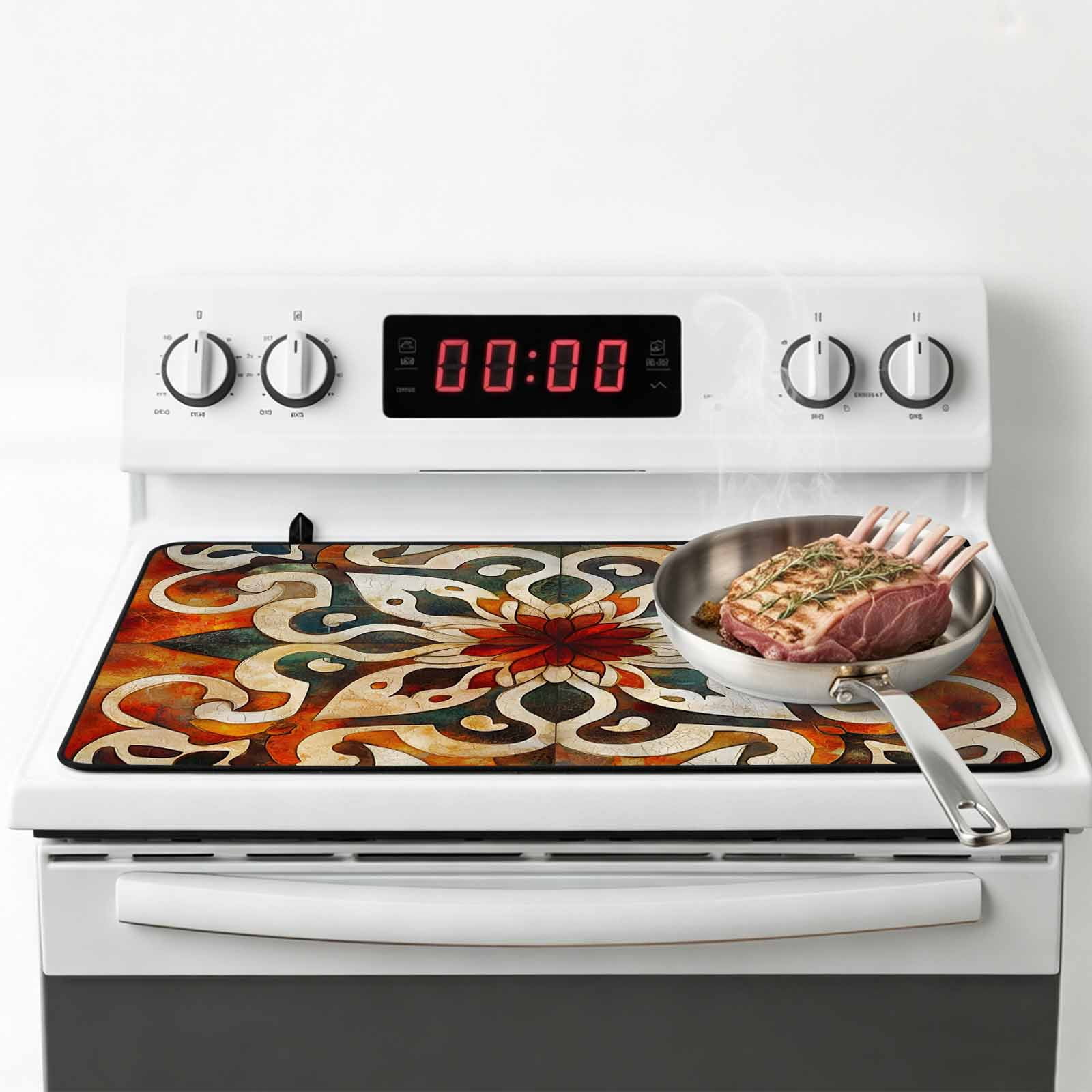Burnt Orange Green Stove Top Cover for Electric Stove, Heat-proof & Non Slip Glass Top Stove Cover Protector, Vintage Abstract Flowers Kitchen Flat Cooktop Rubber Mat 24x21 Inches