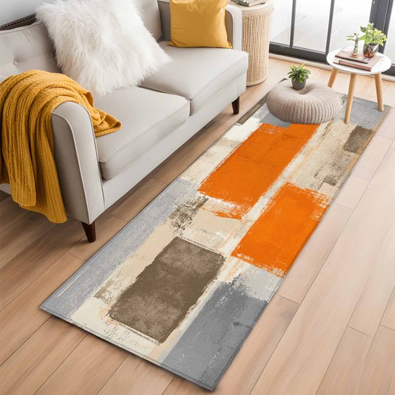 Burnt Orange Grey 2'x6' Runner Rug, Abstract Modern Oil Painted Geometric Washable Non-Slip Area Rugs for Hallway Kitchen Floor Bedroom Entryway, Long Laundry Carpet Decoration Indoor Mat