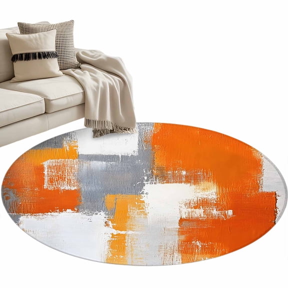 Burnt Orange Grey 3ft Area Rug, Modern Oil Painted Geometric Abstract Washable Non-Slip Small Round Rugs for Entryway Bedroom Kitchen, Soft Circle Carpet for Dining Room, Playroom Nursery Rug