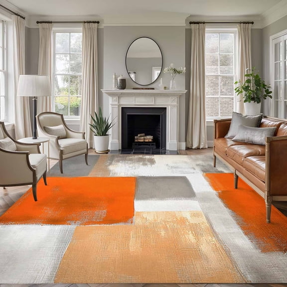 Burnt Orange Grey 6'x9' Area Rug for Living Room, Modern Oil Painting Art Abstract Non-Slip Floor Mat Rugs for Bedroom Dining Room, Indoor Large Carpet for Classroom, Nursery Rugs for Playroom