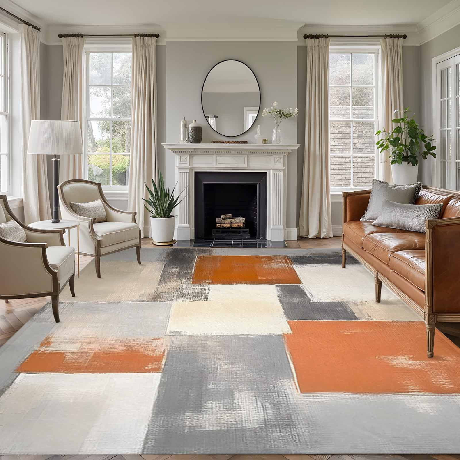 Burnt Orange Grey Area Rug 6x9 FT, Non Slip Living Room Throw Carpet ...