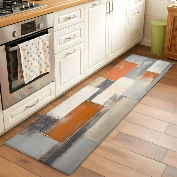 Burnt Orange Grey Area Rugs 2x6 for Kitchen Runner Rug, Oil Painting Modern Abstract Art Non Slip Washable Rug Runner, Low Pile Indoor Floor Carpet Mat Bathroom Rugs for Bedroom, Kids Room