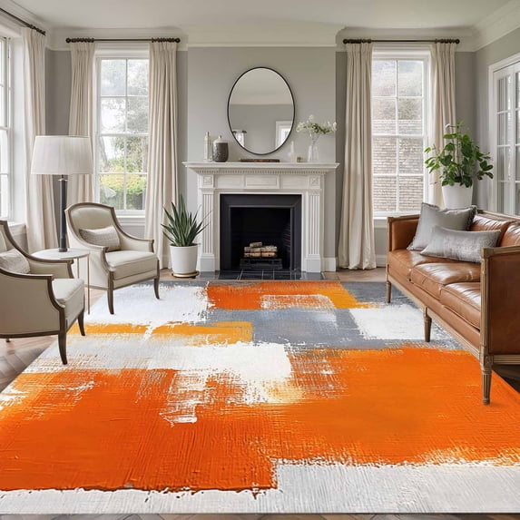 Burnt Orange Grey Area Rugs 5x8 for Living Room, Oil Painting Smear Modern Abstract Art Non Slip Washable Rug Runner, Low Pile Indoor Floor Carpet Mat Bathroom Rugs for Bedroom, Kids Room