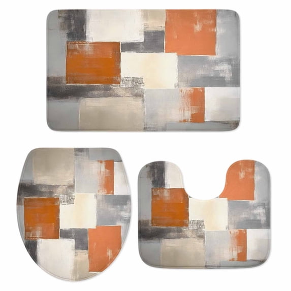 Burnt Orange Grey Bath Mat 3 Piece Bathroom Rug Set, Modern Abstract Oil Painting Non Slip Bath Rug Contour Mat and Toilet Lid Cover, Absorbent Shower Mats Soft Bath Rugs and Mats Sets