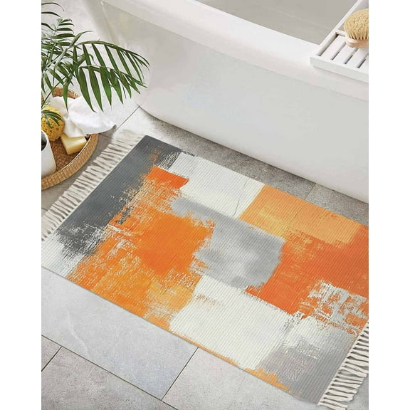 Burnt Orange Grey Bath Rug 2x3ft Woven Bathroom Entryway Runner Rug,Modern Oil Painted Abstract Art Washable Living Room Hallway Bedroom Kitchen Carpet with Tassels,Indoor Outdoor Throw Doormat