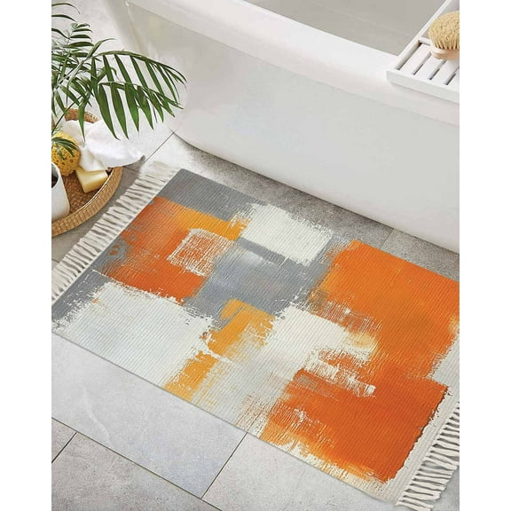 Burnt Orange Grey Bath Rug 2x3ft Woven Bathroom Entryway Runner Rug,Modern Oil Painted Geometric Abstract Washable Living Room Hallway Bedroom Kitchen Carpet with Tassels,Indoor Outdoor Doormat