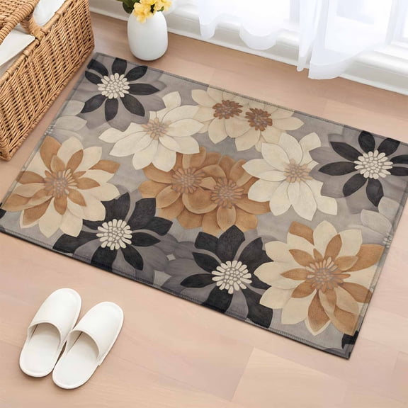 Burnt Orange Grey Bathroom Rug Washable 2x3 Entryway Rug Non Slip Retro Spring Floral Botanical Front Door Mat Low Pile Indoor Doormat Throw Floor Carpet for Kitchen Bedroom Entrance