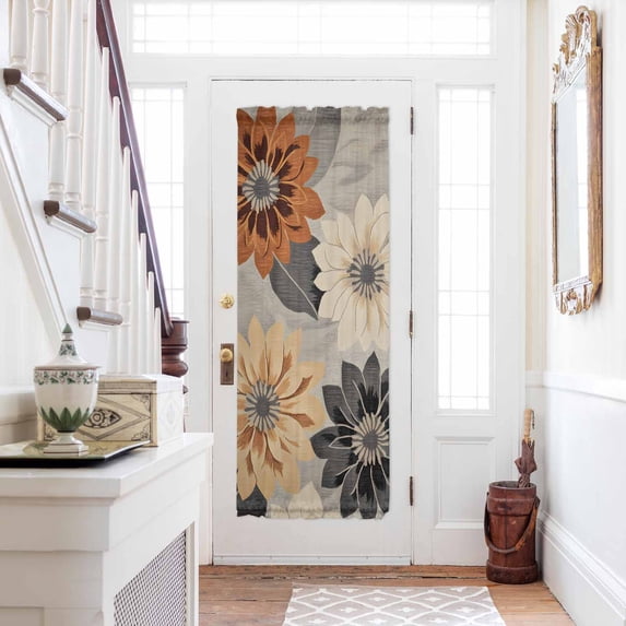 Burnt Orange Grey Black Flower Door Curtains for Door Window, French Sidelight Front Back Door Curtains With Tieback, Spring Floral Botanical Kitchen Rod Pocket Drapes Panel, 54"x72"