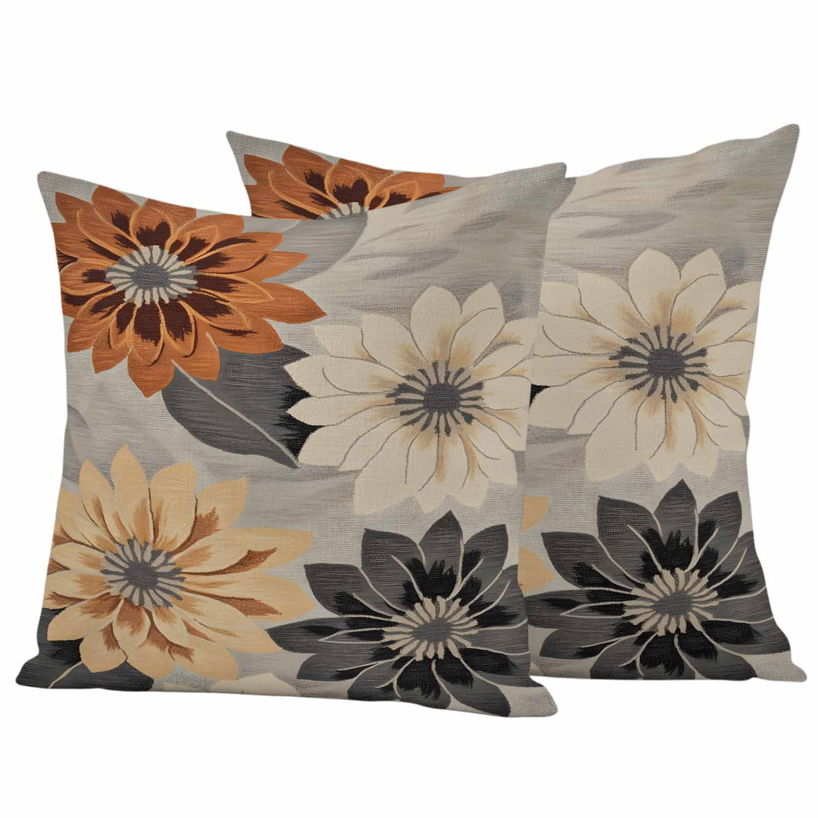 Burnt Orange Grey Black Flower Outdoor Waterproof Pillow Covers, Spring Floral Botanical Decorative Square Throw Pillowcase Sofa Cushion Sham for Patio/Couch/Chair, 16"x16" 2 Pack