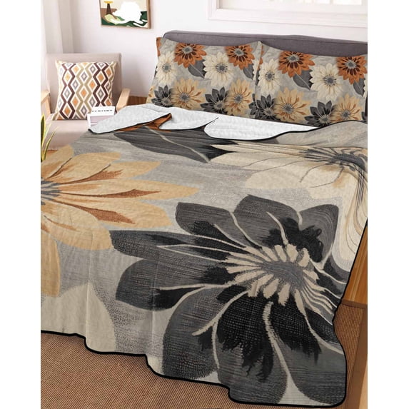 Burnt Orange Grey Black Flower Queen Size Down Alternative Comforter, Lightweight Comforter Quilt Bedding Set with Pillow Shams Spring Floral Botanical All Seasons Bed Comforter Duvet Insert 90"x96"