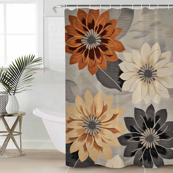 Burnt Orange Grey Black Flower Small Stall Shower Curtain, Waterproof Shower Curtains for Bathroom, Spring Floral Botanical Washable Fabric Cloth Bath Curtain for Bathtub with Hooks 36x78 Inches