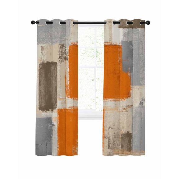 Burnt Orange Grey Blackout Curtains 39 Inches Long for Bedroom, Abstract Modern Oil Painted Geometric Thermal Insulated Room Darkening Black Out Window Curtain Panels Grommet Drapes for Living Room