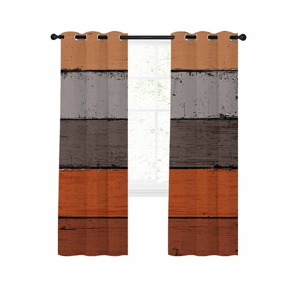 Burnt Orange Grey Blackout Curtains, Light Blocking Print Window Curtains, Vintage Stripe Farmhouse Wood Grain Thermal Insulated Window Drapes for Living Room Kitchen Cafe 2 Panels, 55"W x 39"L