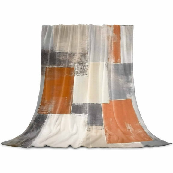 Burnt Orange Grey Flannel Blanket for Bed, Modern Abstract Oil Painting Soft Cozy Warm Couch Throw Blanket, Lightweight Fluffy Plush Bedding Blankets for Sofa Decor All Season 31.5"x47"
