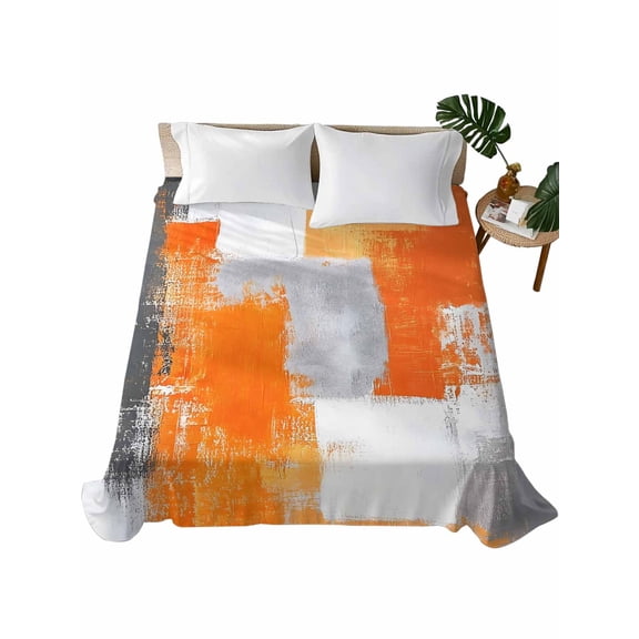 Burnt Orange Grey Flat Sheets Only King Size, Soft Breathable Bed Top Sheets for Mattress, Modern Oil Painted Abstract Art Luxury Bedding Flat Sheets for Home Hotel Bedroom Bed Protection