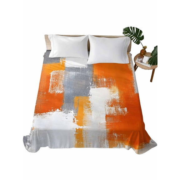 Burnt Orange Grey Flat Sheets Only King Size, Soft Breathable Bed Top Sheets for Mattress, Modern Oil Painted Geometric Abstract Luxury Bedding Flat Sheets for Home Hotel Bedroom Bed Protection