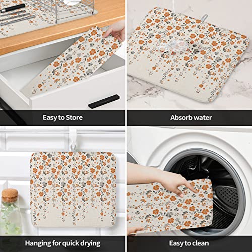Burnt Orange Grey Florals Dish Drying Mat for Kitchen Counter