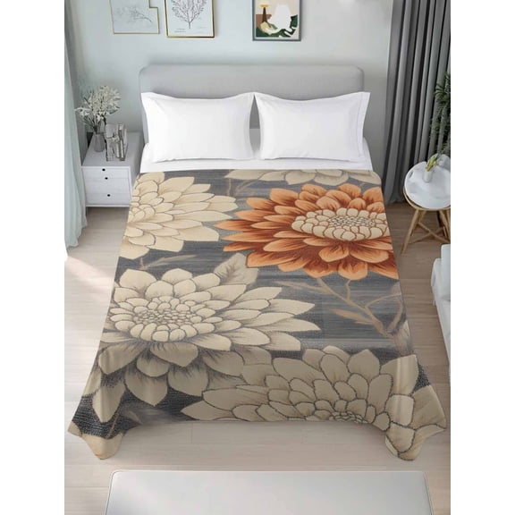 Burnt Orange Grey Flower California King Size Flat Sheet, Wrinkleproof & Fadeproof Cooling Flat Bed Sheet Only, Botanical Spring Floral Breathable Soft Bedding Top Sheets 108 x 98 Inches