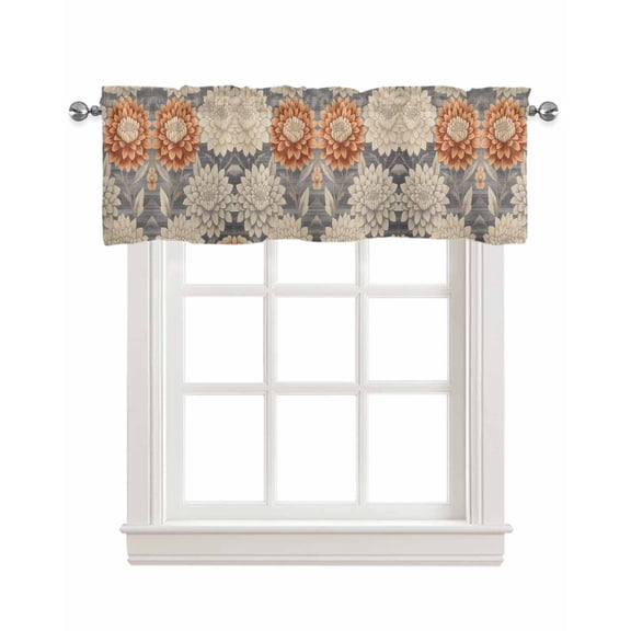 Burnt Orange Grey Flower Kitchen Valances for Windows Farmhouse Linen Window Valance Curtain for Living Room Window Treatment Botanical Spring Floral Valance Rod Pocket Topper Drape, 60 x 18 Inch