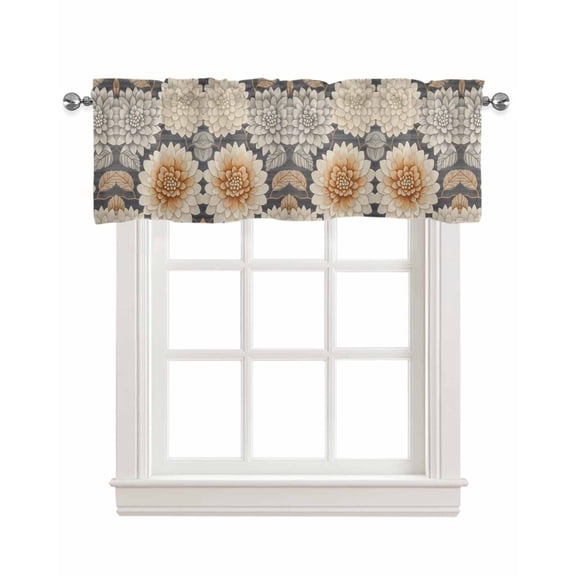Burnt Orange Grey Flower Kitchen Valances for Windows Farmhouse Linen Window Valance Curtain for Living Room Window Treatment Spring Floral Botanical Valance Rod Pocket Topper Drape, 54 x 18 Inch
