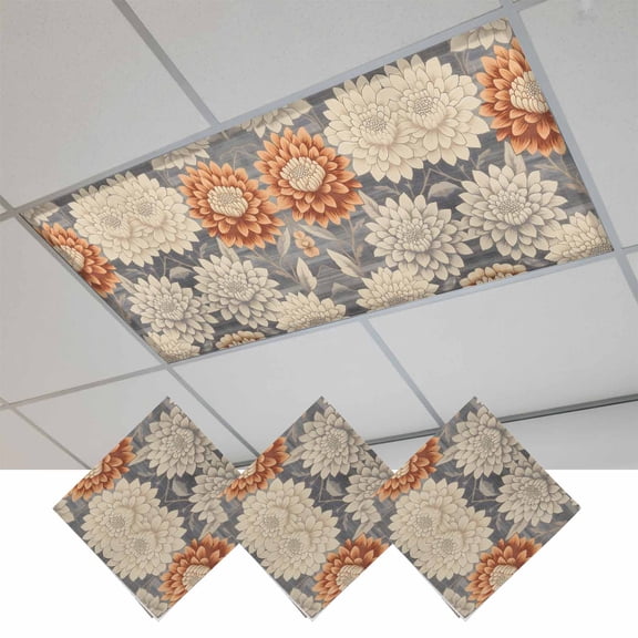 Burnt Orange Grey Flower Magnetic Fluorescent Light Covers for Ceiling Lights 2x4 Feet, Botanical Spring Floral Office Classroom Kitchen Drop Ceiling Light Covers Lighting Filters Shade Panel 3 Packs