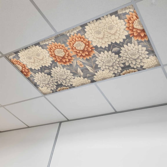 Burnt Orange Grey Flower Magnetic Fluorescent Light Covers for Ceiling Lights 2x4 Feet, Botanical Spring Floral Office Classroom Kitchen Drop Ceiling Light Covers Lighting Filters Shade Panel 1 Pack