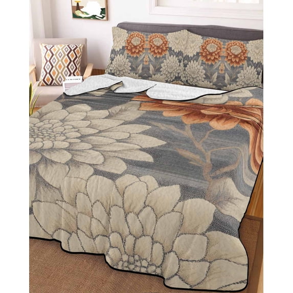 Burnt Orange Grey Flower Queen Size Down Alternative Comforter, Lightweight Comforter Quilt Bedding Set with Pillow Shams Botanical Spring Floral All Seasons Bed Comforter Duvet Insert 90"x96"