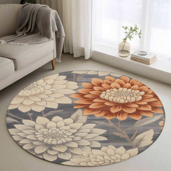 Burnt Orange Grey Flower Round Area Rug 3 FT, Small Kitchen Bathroom Mats, Botanical Spring Floral Washable Indoor Outdoor Throw Runner Carpet Non-Shedding Doormat for Table Shower Sofa Entryway