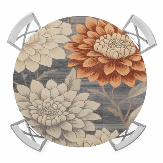 Burnt Orange Grey Flower Round Tablecloth for 36-44 Inch Tables, Fitted Table Cover with Elastic Edge, Botanical Spring Floral Waterproof Outdoor Table Cloth Protector for Patio Garden Dinner Picnic