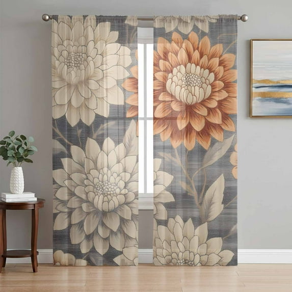 Burnt Orange Grey Flower Sheer Curtains 72 Inch Length 2 Panels Set, Botanical Spring Floral Voile Window Treatment Rod Pocket Curtains Sheers Drapes for Bedroom/Living Room/Kitchen 52"x72"x2