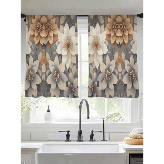 Burnt Orange Grey Flower Sheer Curtains for Living Room Bedroom Vintage Spring Floral Botanical Sheer Curtains 54 Inch Long 2 Panels Set Light Filtering Curtain Window Treatments Drapes