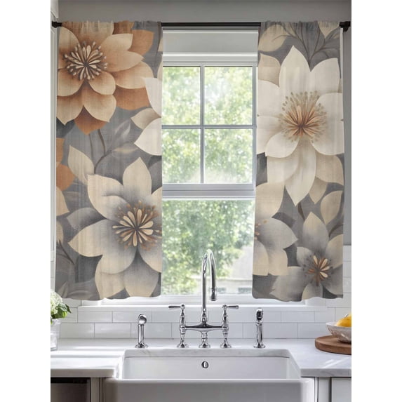 Burnt Orange Grey Flower Sheer Curtains for Living Room Bedroom Vintage Spring Floral Botanical Sheer Curtains 72 Inch Long 2 Panels Set Light Filtering Curtain Window Treatments Drapes