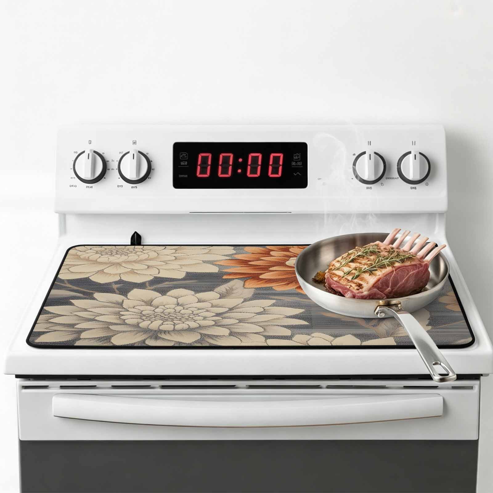 Burnt Orange Grey Flower Stove Top Cover for Electric Stove, Heat-proof & Non Slip Glass Top Stove Cover Protector, Botanical Spring Floral Kitchen Flat Cooktop Rubber Mat 24x21 Inches
