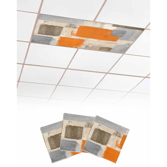 Burnt Orange Grey Fluorescent Light Covers for Ceiling Lights 4x2 feet,3 Pack Magnetic Light Filters for Classroom,Abstract Modern Oil Painted Geometric Fluorescent Light Shade Panel for Office