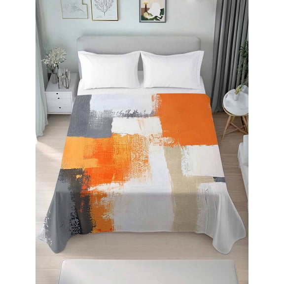 Burnt Orange Grey King Size Flat Sheet, Wrinkleproof & Fadeproof Cooling Flat Bed Sheet Only, Abstract Geometric Oil Painting Modern Breathable Soft Bedding Top Sheets 105 x 98 Inches