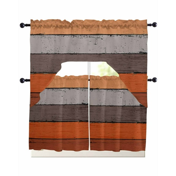 Burnt Orange Grey Kitchen Curtains Sets 24 Inch Length with Valance, Vintage Stripe Farmhouse Wood Grain Swag Valances and Tiers Curtain Set Drapes Swag Curtains for Living Room, Bathroom, Bedroom