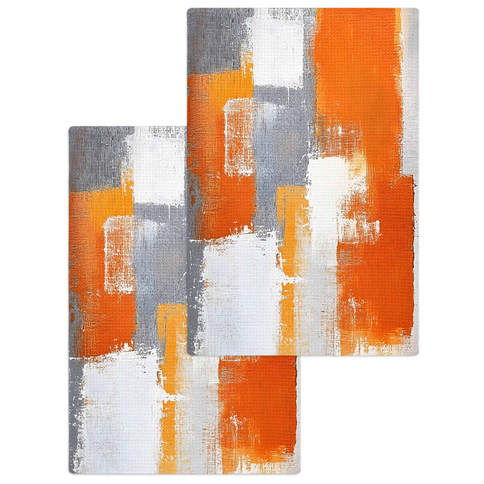 Burnt Orange Grey Kitchen Dish Towels for Drying Dishes Set of 2, Modern Oil Painted Geometric Abstract Waffle Weave Microfiber Hand Tea Bathroom Towels Quick Dry & Absorbent Towel 15.7x23.6