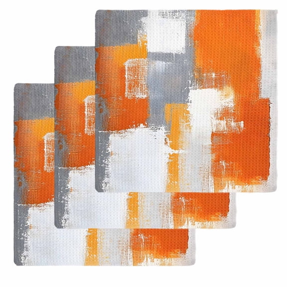 Burnt Orange Grey Kitchen Dish Towels for Drying Dishes Set of 3, Modern Oil Painted Geometric Abstract Waffle Weave Microfiber Hand Tea Bathroom Towels Quick Dry & Absorbent Towel 12x12