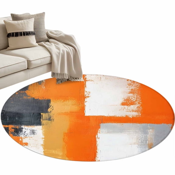 Burnt Orange Grey Large Area Rugs for Bedroom Living Room, Soft Non Slip Carpet Bedside Rug, Modern Oil Painted Art Abstract Round Floor Cover Kitchen Accent Rug 3' for Dining Room/Office