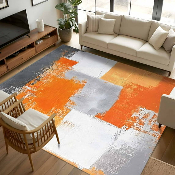 Burnt Orange Grey Oil Painting 6x9 Area Rugs, Abstract Modern Geometric Non-Skid Rubber Backing Large Rectangle Rugs - Living Room Bedroom Home Office, Indoor Floor Mat Carpets Washable Rug