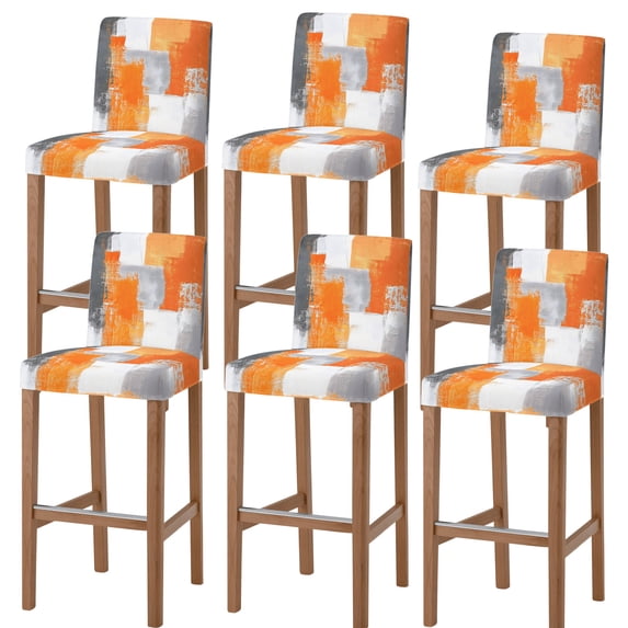 Burnt Orange Grey Oil Painting Bar Stool Cover Set of 6, Abstract Modern Geometric Stretch Bar Chair Cover, Removable Washable Pub Counter Stool Chair Slipcover for Kitchen Dining Room Pub Cafe