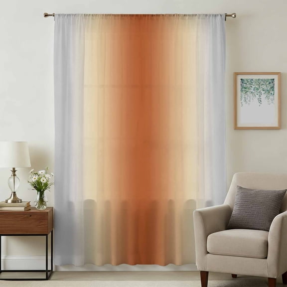 Burnt Orange Grey Ombre Sheer Curtains 96 Inches Long, Farmhouse Gradient Minimalist Light Filering Curtains, Privacy Drapes Simi Floor to Veiling Curtain for Living Room Bedroom Window Treatment
