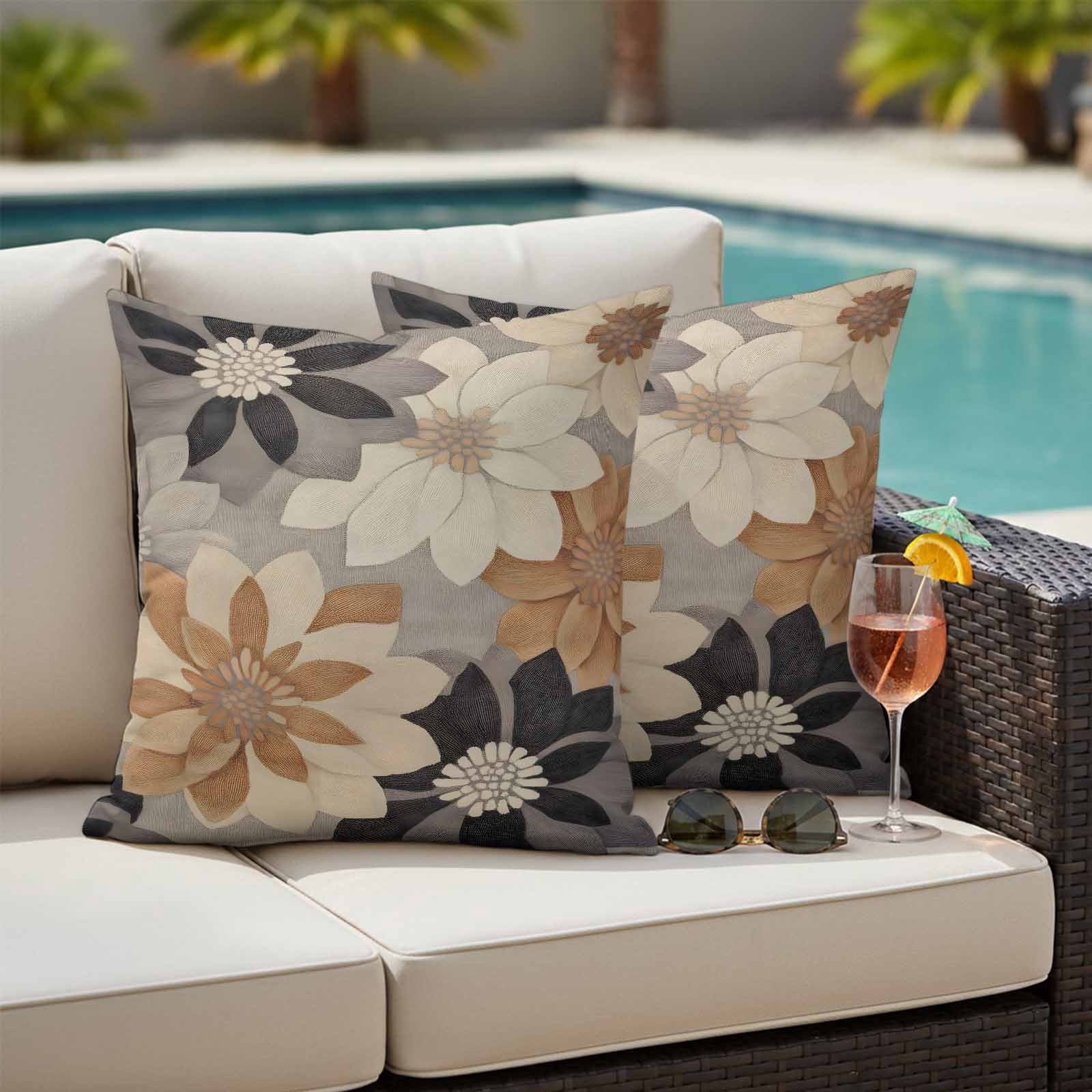 Burnt Orange Grey Outdoor Pillow Covers 16x16 Inch Throw Pillow Covers Set of 2 Waterproof Decorative Pillow Cases Retro Spring Floral Botanical Cushion Covers for Patio Furniture Garden Couch Sofa
