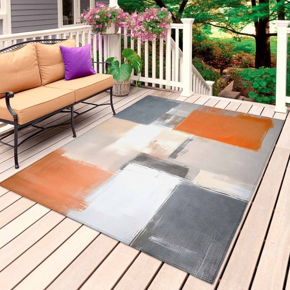 Burnt Orange Grey Outdoor Rug for Patio/Deck/Porch, Non-Slip Large Area Rug 5 x 7 Ft, Modern Oil Painting Abstract Indoor Outdoor Rugs Washable Area Rugs, Reversible Camping Rug Carpet Runner