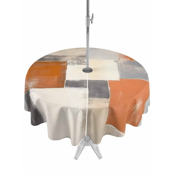 Burnt Orange Grey Outdoor Tablecloth with Umbrella Hole, Oil Painting Modern Abstract Art Spillproof Waterproof Outdoor Table Cover, Patio Tablecloths for Party/Garden/Picnic, Round 54 inch